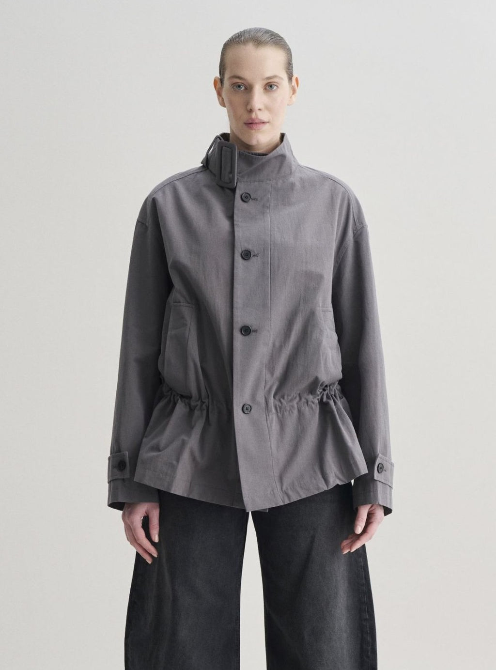 NYSA short peplum trench with funnel neck