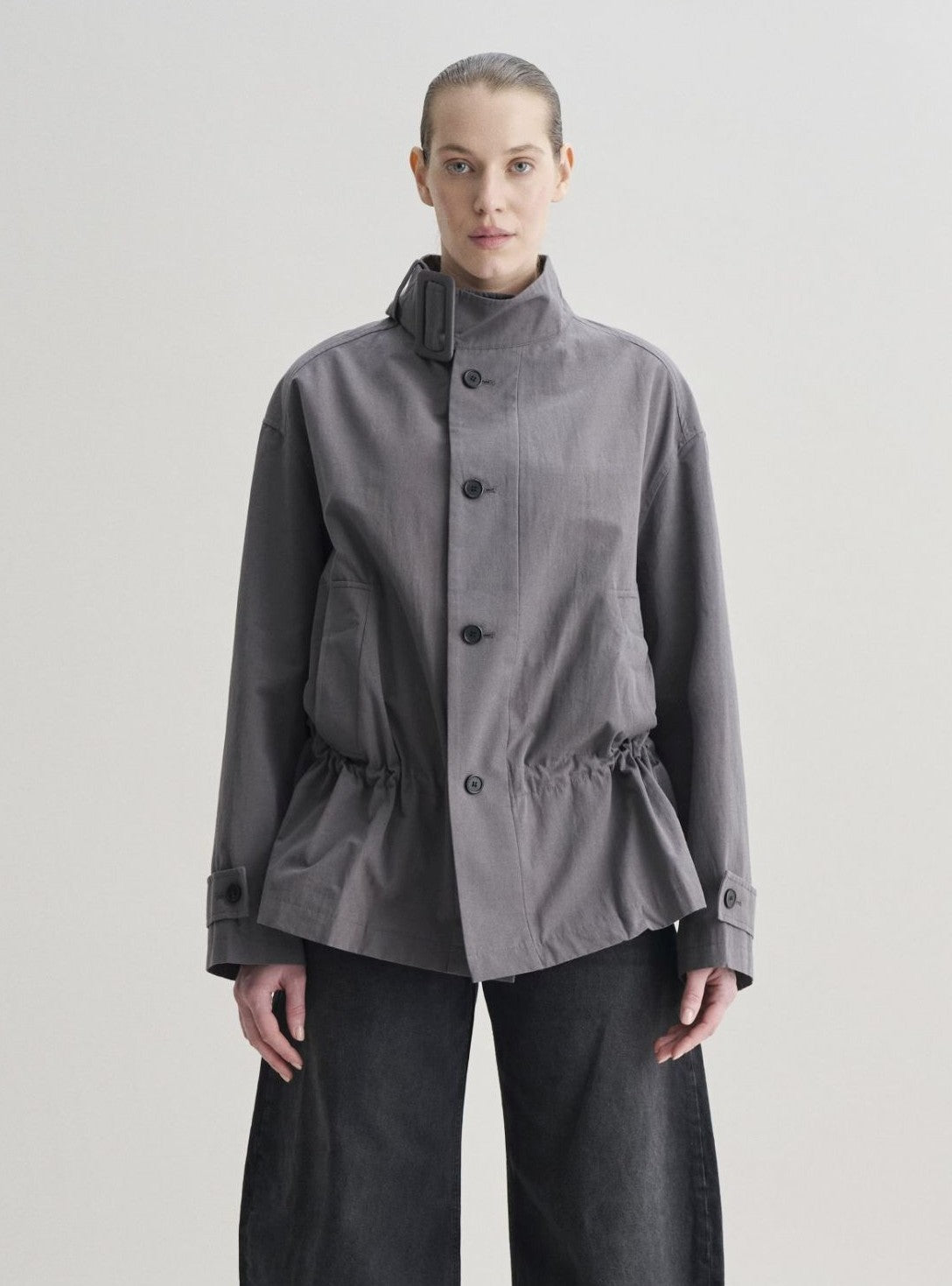 NYSA short peplum trench with funnel neck